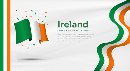 Banner illustration of Ireland independence day celebration with text space. Waving flag and hands clenched. Vector illustration.