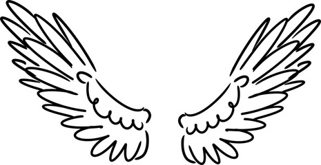 Vector drawing of bird wings,angel wings.Contour,outline, silhouette,black and white,cartoon style,flat,doodle,hand drawn,isolated.Scope,flight,flying,beautiful,divine,angelic,sign.Dove,pigeon,symbol.