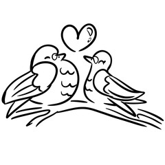 Vector drawing of a pigeon, dove. Sketch, contour,silhouette,flat,black and white.In cartoon style, hand drawn, doodle, isolated. Silly, cute, funny. Birds, animal,love, Valentine day, lovers, heart.