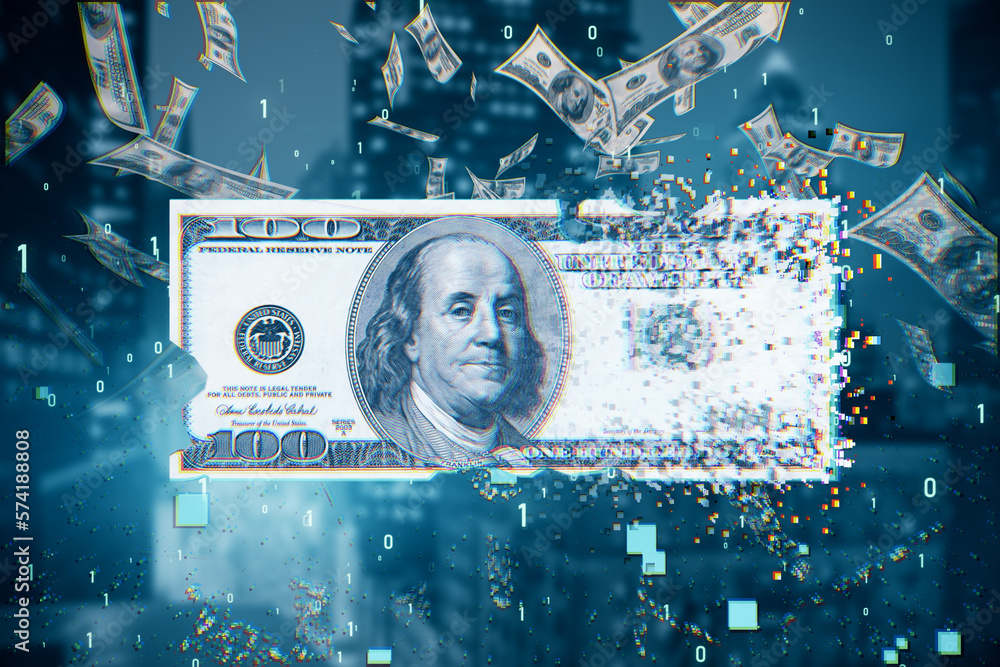 Poster Digital dollar bill on blurry tech city wallpaper with binary code. Business and finance concept. 3D Rendering.