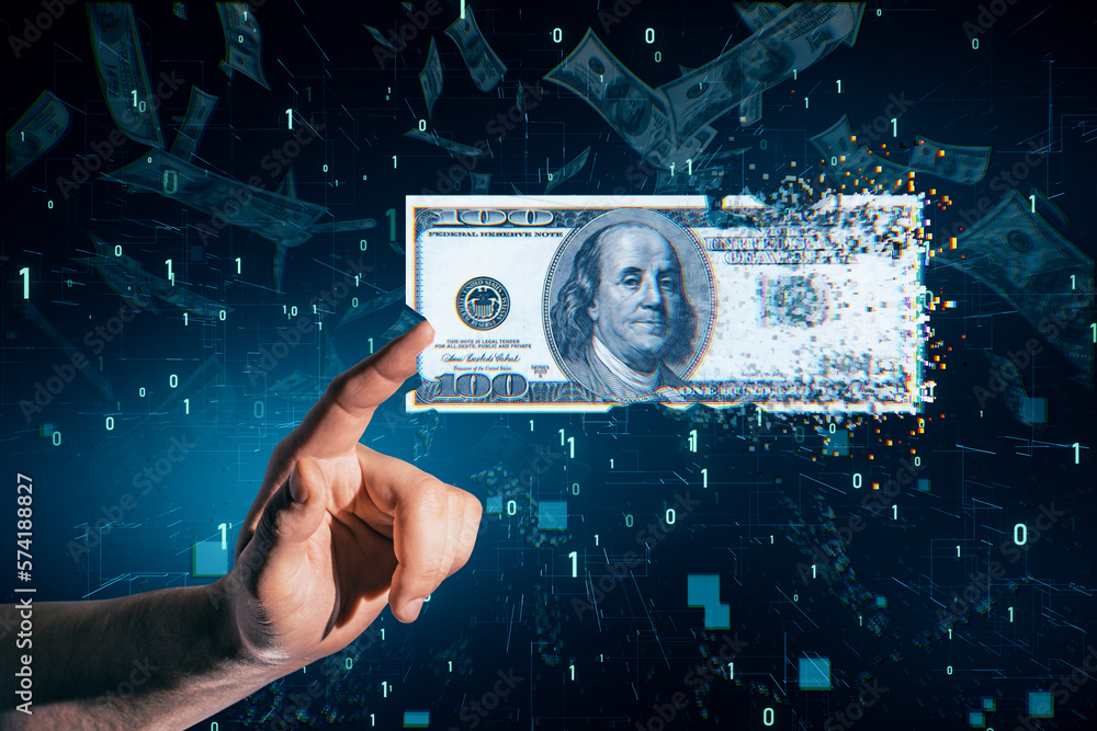 Poster Close up of businessman hand pointing at digital dollar bill on blurry tech background with binary coding. Business and finance concept.