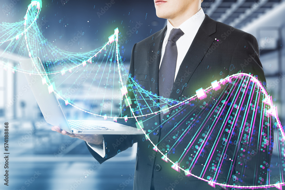 Poster Close up of businessman hands using laptop with glowing binary code DNA helix on blurry office interior background. Human genome and innovative technologies concept. Double exposure.