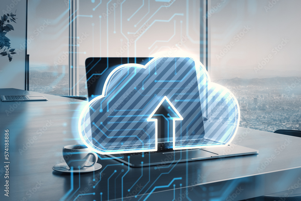 Poster data storage and cloud computing technology concept with digital arrow in white and blue cloud symbo