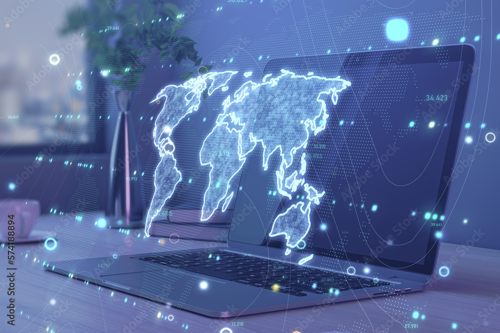 Poster Close up of notebook on desktop with glowing map hologram on blurry tech background. Global world and perspective concept. Double exposure.