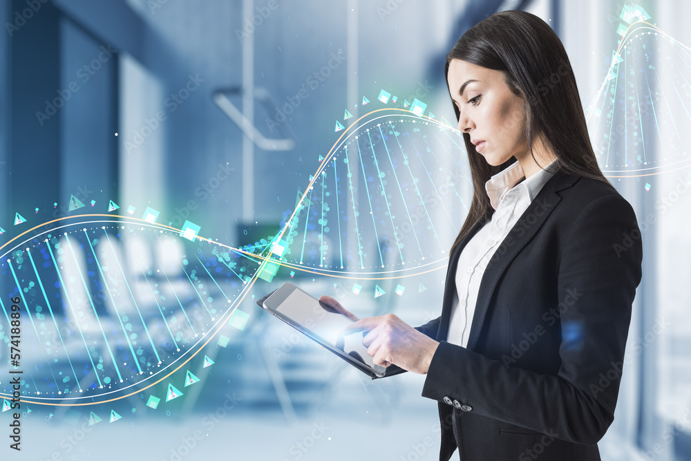 Poster young european businesswoman using digital tablet device with glowing binary code dna helix on blurr
