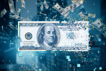 Digital dollar bill on blurry tech city wallpaper with binary code. Business and finance concept. 3D Rendering.