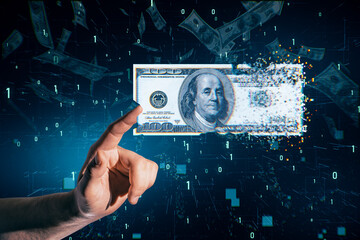 Close up of businessman hand pointing at digital dollar bill on blurry tech background with binary coding. Business and finance concept.
