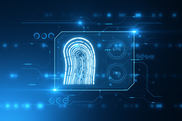 Creative finger print hologram on blurry background. fingerprint, biometrics, information technology and cyber security concept. 3D Rendering.