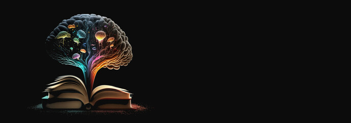 Banner Open book with fantastic levitation glowing brain and colorful splash on dark background, World book day, knowledge and creativity concept Ai Generative