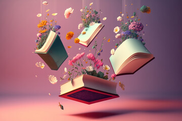 Open book with fantastic levitation glowing colorful flowers splash on pink background, beautiful, World book day, knowledge and creativity concept, spring, summer mood. Ai Generative