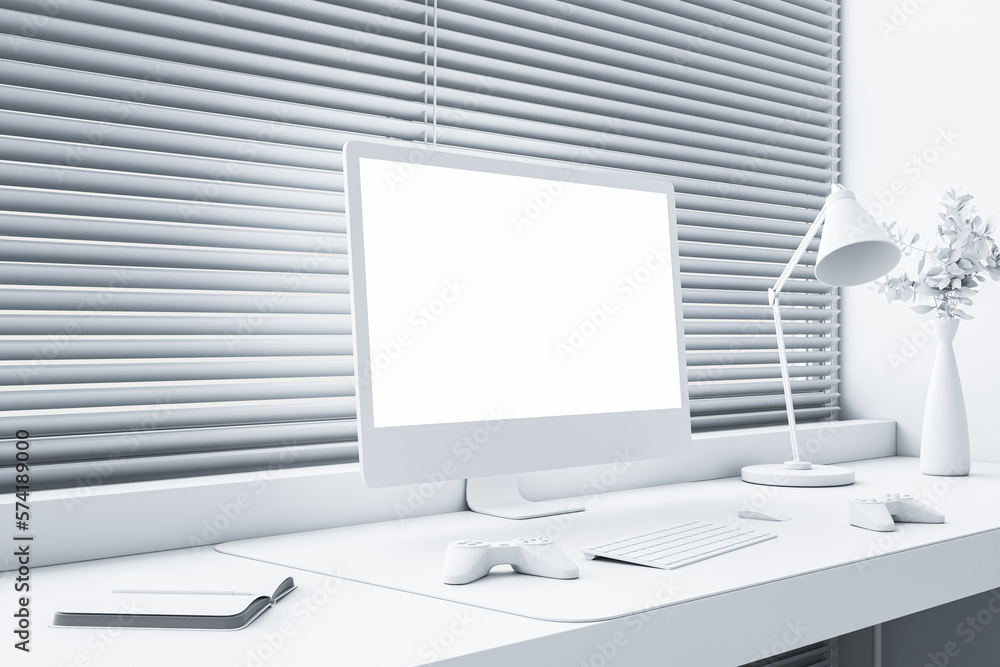 Aufkleber Perspective view on blank light computer monitor screen with place for web design or web site on white work table with joystick and keyboard on window background closed by blinds. 3D rendering, mockup