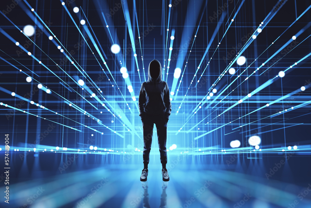 Poster Cyber technology and anonymous concept with front view on faceless person in hoody and snickers on abstract digital background with bright glowing projection beams