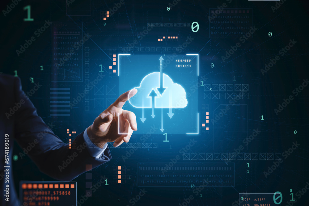 Poster Data exchange and cloud service concept with businessman finger on digital touch screen with glowing cloud symbol and arrows in virtual frame on dark technological background