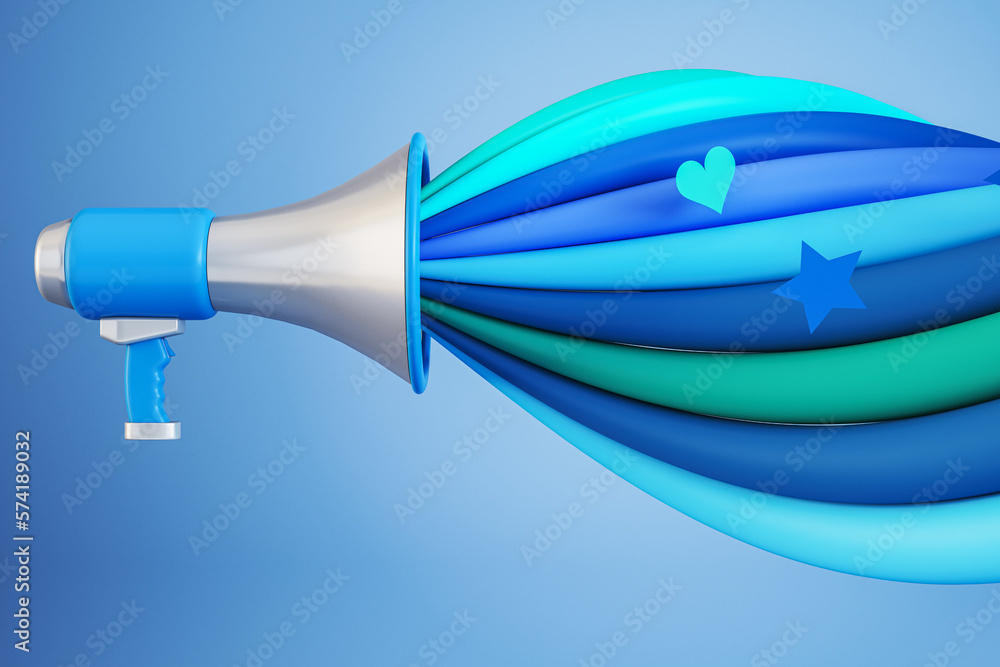 Poster Creative loudspeaker with colorful sound wave on blue backdrop. Voting and fighting for your rights concept. 3D Rendering.