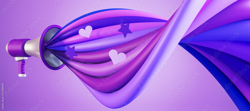 Poster creative loudspeaker with colorful sound wave on purple wallpaper. voting and fighting for your righ