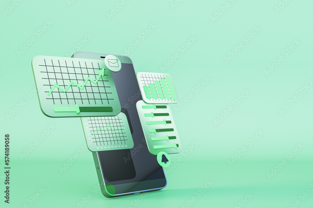 Poster Smartphone with business charts on green backdrop. Data, software and web development concept. 3D Rendering.