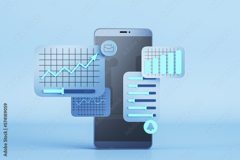 Poster Smartphone with business charts on blue background. Data, software and web development concept. 3D Rendering.