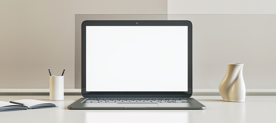 Front view on blank white modern laptop monitor with place for web design, landing page or web site on white surface table among stand for pens and vase on light wall background. 3D rendering, mockup