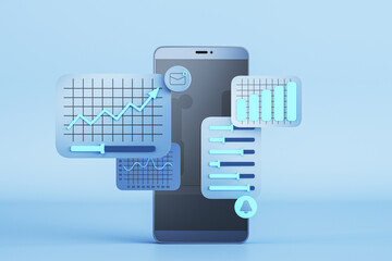 Smartphone with business charts on blue background. Data, software and web development concept. 3D Rendering.
