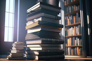 A large modern library with stack of books with sunlight, bookshelf in the library room, education, reading, back to school concept AI Generative