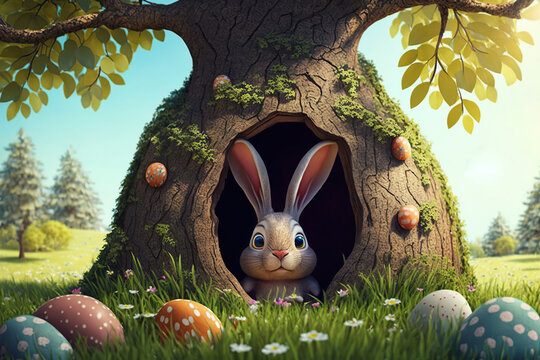 Easter bunny  in a hole of tree around easter eggs, outdoor. Happy Easter. AI Generative