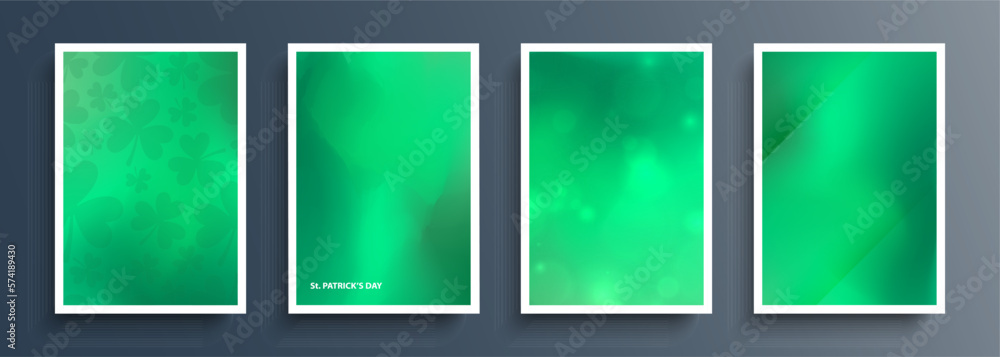 Poster Set of St. Patrick's Day blurred backgrounds with vibrant green gradients. Graphic templates collection for Saint Patrick's Day greetings and invitations. Vector illustration.