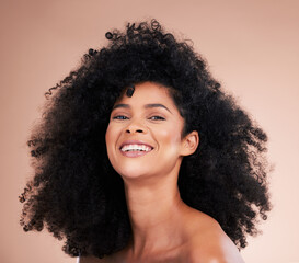 Model, afro hair or beauty portrait on studio background for aesthetic empowerment, curly texture...