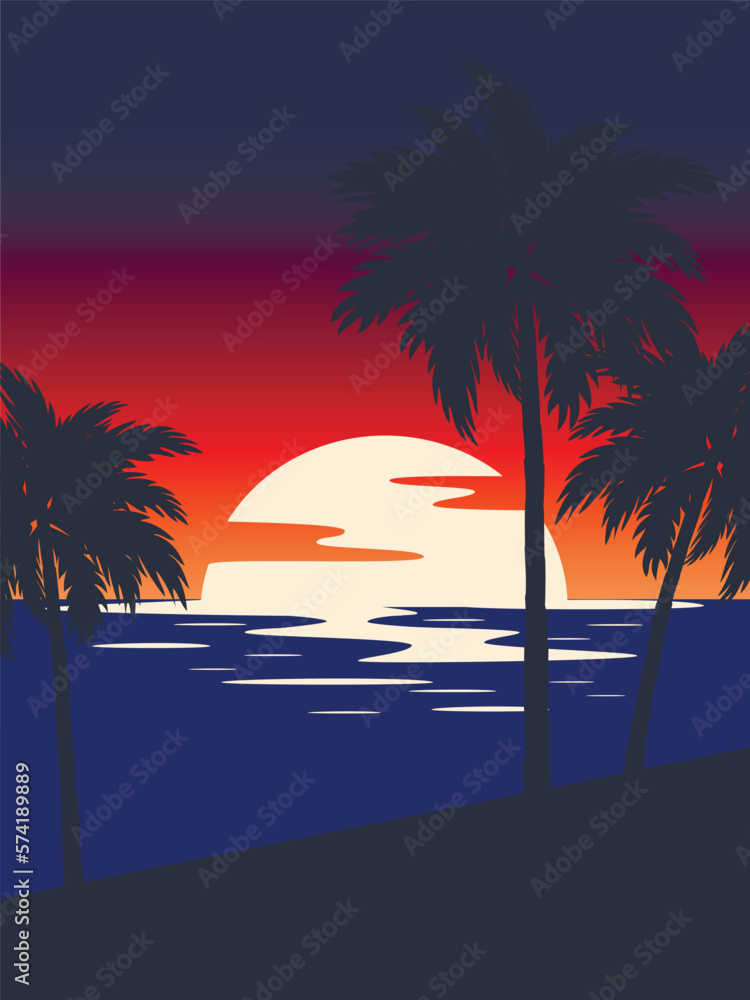 Wall mural sunset tropical beach with palm trees and sea. nature landscape and seascape.