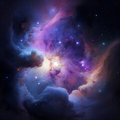 Obraz premium Galaxy panorama view, pink and purple colours, space travel concept, generative ai