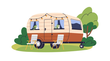 Caravan, camper trailer for summer holiday travel, camping in campervan. RV, recreational vehicle, van, home on wheels and chairs in nature. Flat vector illustration isolated on white background - obrazy, fototapety, plakaty