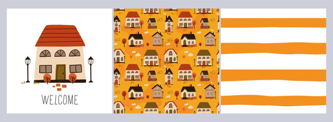 Seamless Scandinavian town pattern. Endless background with cute small houses, autumn trees. Repeating print of sweet homes in Nordic Scandi style. Repeatable texture. Colored flat vector illustration