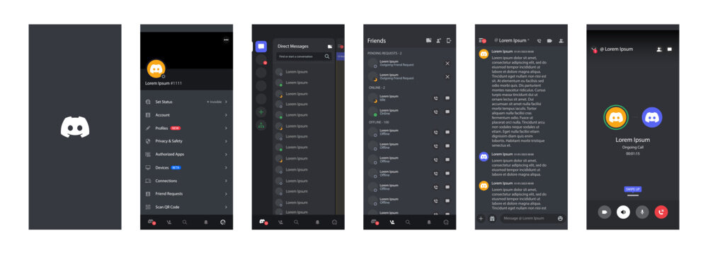 Discord Social media interface. Discord mobile application from Microsoft Corporation on a smartphone. Set social network mockup template. Discord button. Editorial