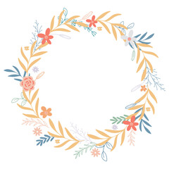 Fototapeta na wymiar Rustic wreath for invitation, postcard, brochure, advertisement and more. Delicate floral leafy rim. Flowers, herbs and foliage in circle frame. Spring or summer botanical template, isolated vector