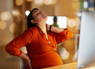 Pregnant, back pain and business woman on computer for working on project, website research and...