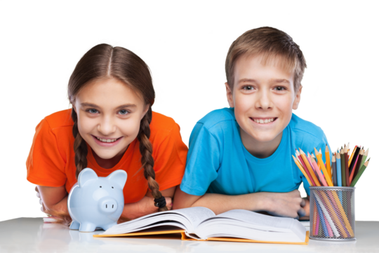 Two School Children with Piggy Bank and Textbooks