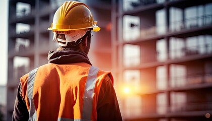 Construction concept. at back of the construction worker head which is wearing the safety helmet and checking work at the construction site. Non-existent person. Generative Ai