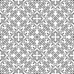 
 Monochrome ornamental texture with smooth linear shapes, zigzag lines, lace pattern.Abstract geometric black and white pattern for web page, textures, card, poster, fabric, textile.