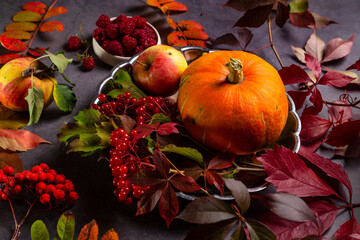 Naklejka na ściany i meble Pumpkin, apples and berries with autumn leaves on a textured table