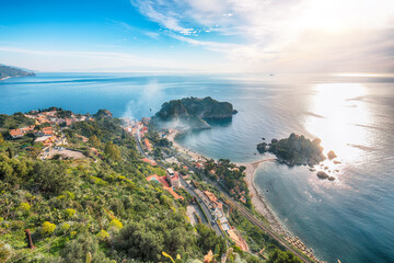 Panoramic aerial view of Isola Bella island and beach in Taormina