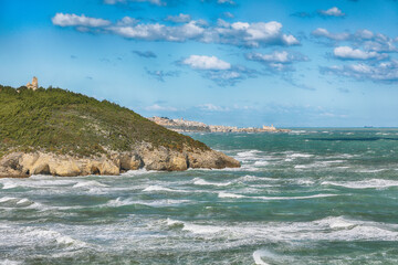 Above the cliffs at the coastline of Vieste. Summer rocky sea coast Baia Di Campi Vieste on the Gargano peninsula