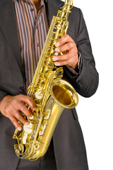 Saxophonist. Man playing on the gold saxophone
