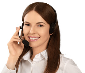 Woman Call Center Employee Talking on Headset - Isolated