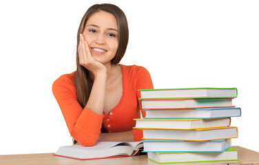 Beautiful young female student with stack of homework