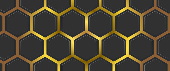Golden geometric pattern on black background. Black gold geometric hexagonal abstract background. Luxury hexagonal gold black metal background. Surface polygon pattern with glowing hexagons.