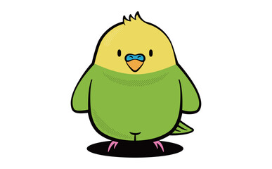 マスコットキャラクター風デザインのシンプルポップな可愛い緑と黄色インコのおしゃれ小鳥イラスト_正面向き_ベクター素材