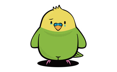 マスコットキャラクター風デザインのシンプルポップな可愛い緑と黄色インコのおしゃれ小鳥イラスト_泣く・悲しむ・涙_ベクター素材