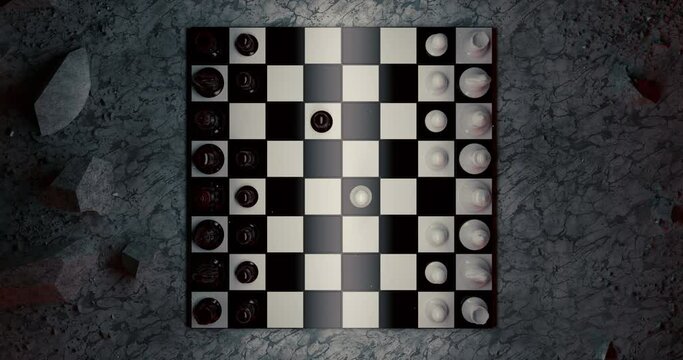 The Game of Chess. Close-up Macro Shot of Chess Pieces on the Chessboard. 3D Rendering
