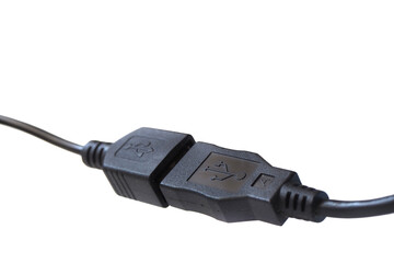 Usb cable isolated on white background. Joining of two black wired USB connectors on white...