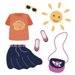  A set of clothes and shoes - skirt, T-shirt, shoes, glasses, handbag. Sun. Vector illustration of stylized things in cartoon style. Isolated on a white background.
