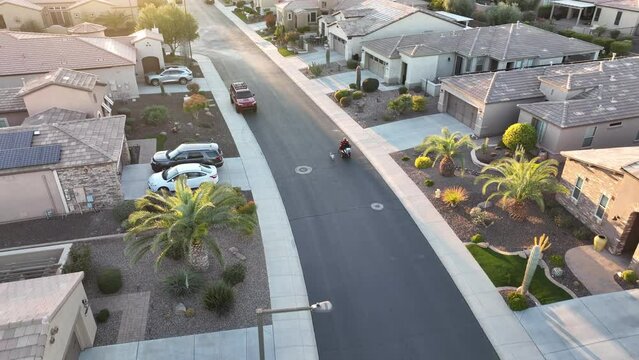 Drone shot of someone using a motorized wheelchair to walk their dog under the suburban setting sun.